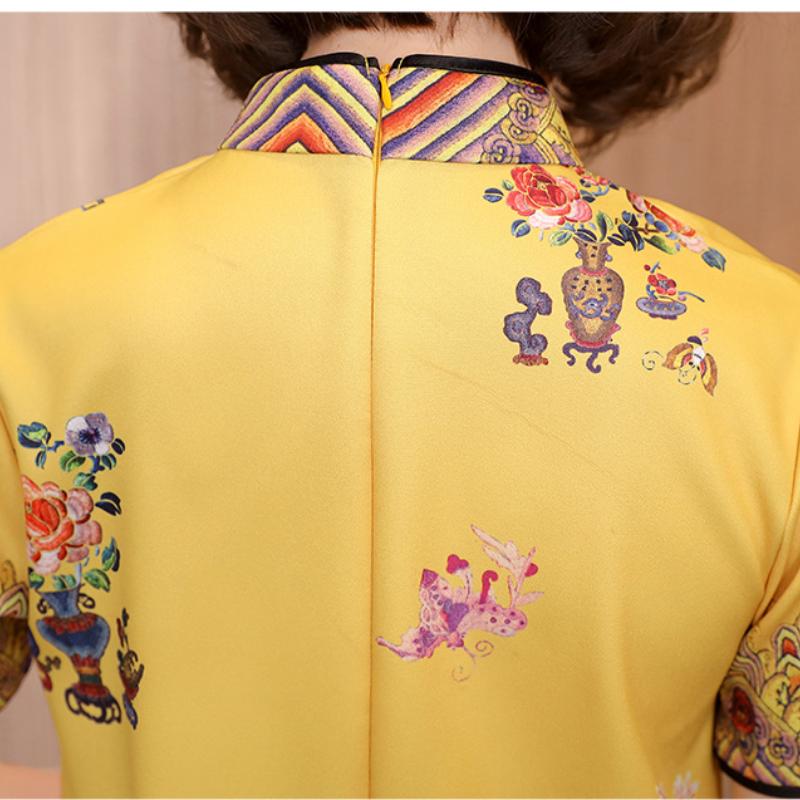 M-XXL Yellow Black Loose Fashion Modern Trend Cheongsam Dress For Women Short Sleeve Qipao Traditional Chinese Clothes Ethnic Clothing