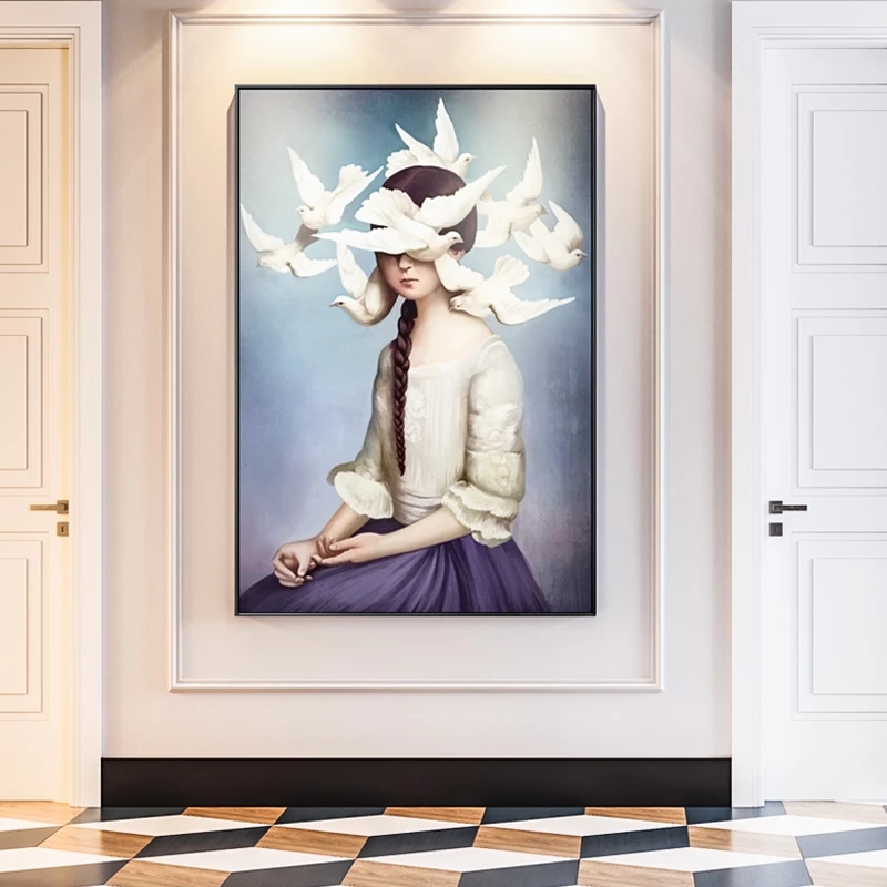 Modern Peace Dove Sky Holy Face Canvas Painting Pictures For living room Girls Room Art Pictures Wall Art Canvas Pigeon Home HD