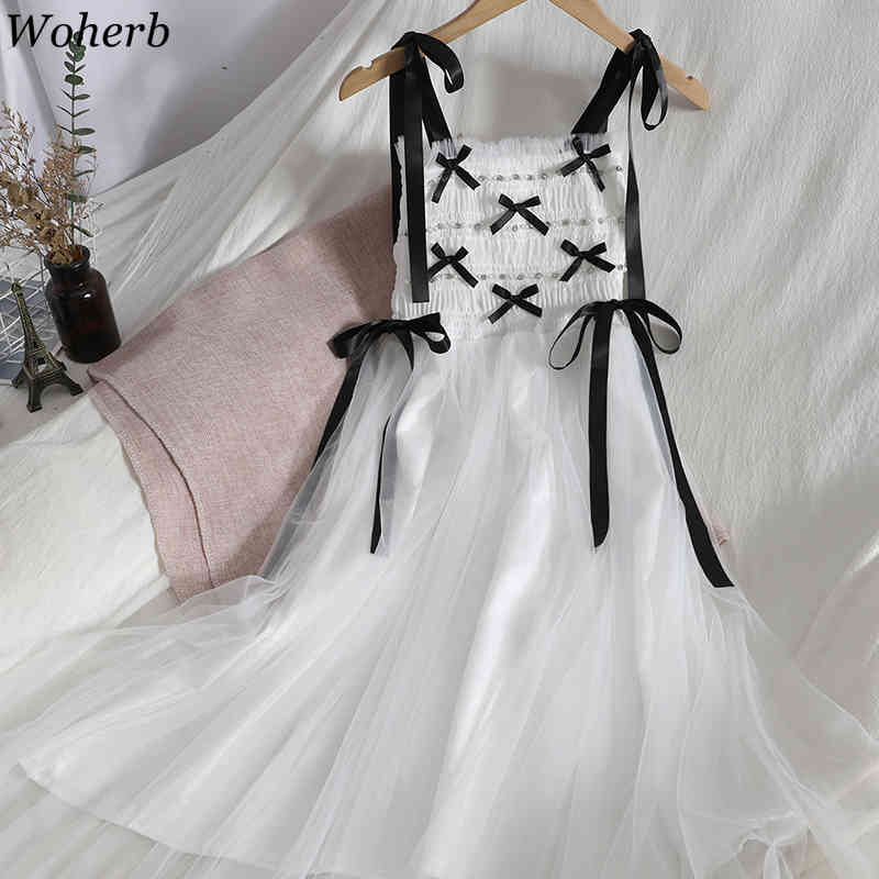 Sweet Woman Dress Pleated Baeding Ruffles Vestidos Mujer Patchwork Gauze Summer Robe Korean Backless Fashion Dresses 210422