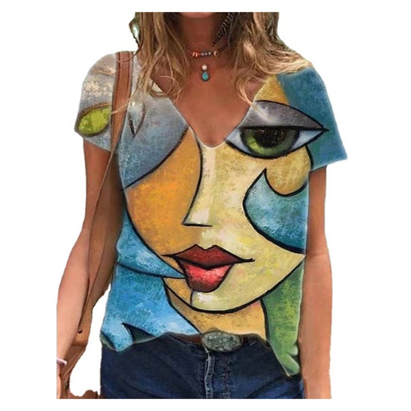 Summer Personality Abstract Face Print Sexy Top Women's Casual Short Sleeve T-shirt Fashion Streetwear Oversize Tees t shirts 210515