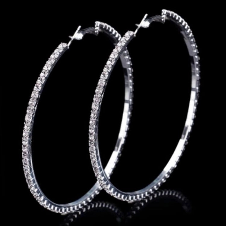 Boutique Hiphop Brand Crystal Large Hoop Earrings Gold Silver Tone Big Rhinestone Clip on Circle Earring for Women Youth Personality Party Wedding Jew