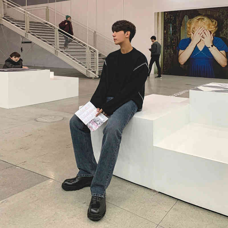 IEFB spring vintage jeans men's Korean fashion straight tube loose casual pants split bottoms trendy denim trousers 9Y4515 210524