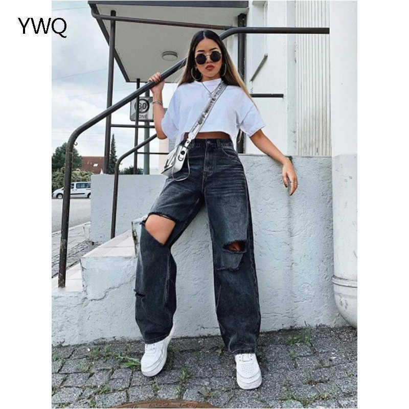 Ripped Women Jeans Wide Leg Long Cargo Pants Ladies Black Boyfriend High Waist Vintage Korean Lady Trousers Baggy 210809