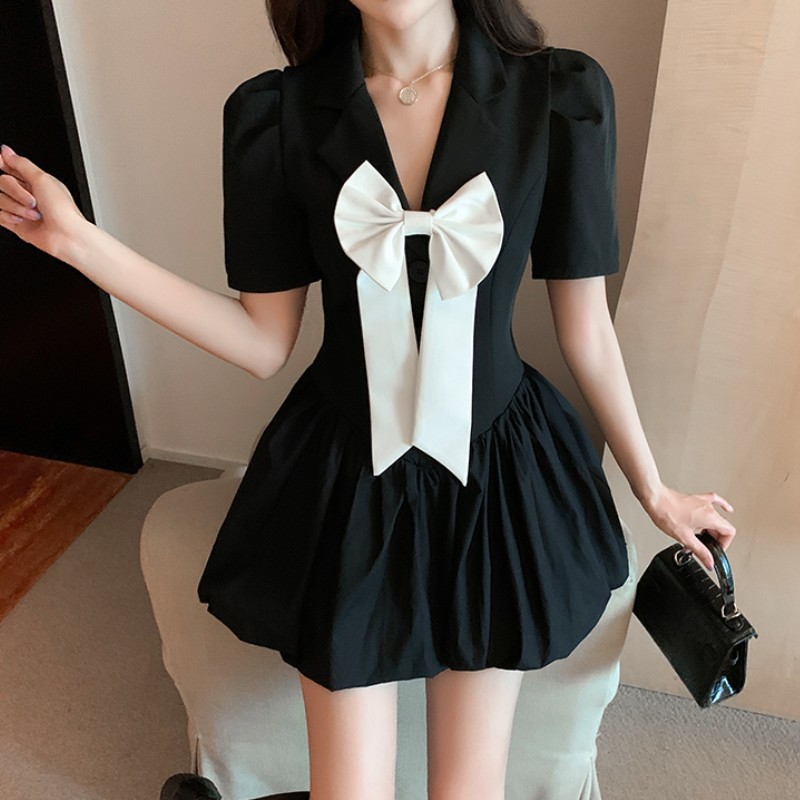 White Elegant Bud Dress Woman Vestidos Vintage Bow Notched Collar Single-Breasted OL Work Casual Mini Dresses Female 210519