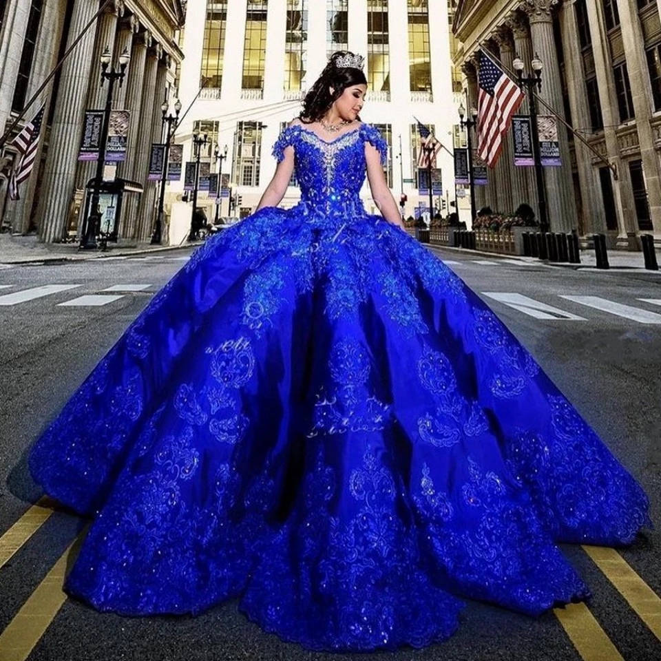 Modest Royal Blue Quinceanera Crystal Beaded Lace Applique Vestidos Para XV Aos Sweet Dress Robe De Soire