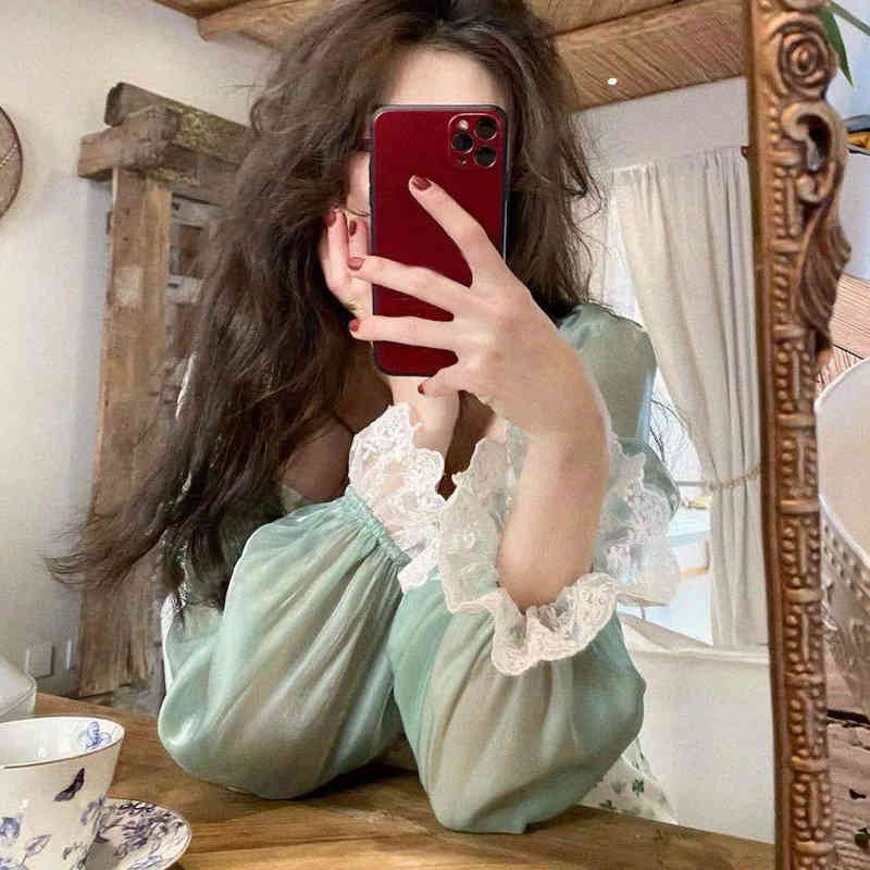 Summer Chiffon Lace Floral Dress Women Green Puff Sleeve Vintage Midi Dress Elegant Evening Party Dress Korean 210521