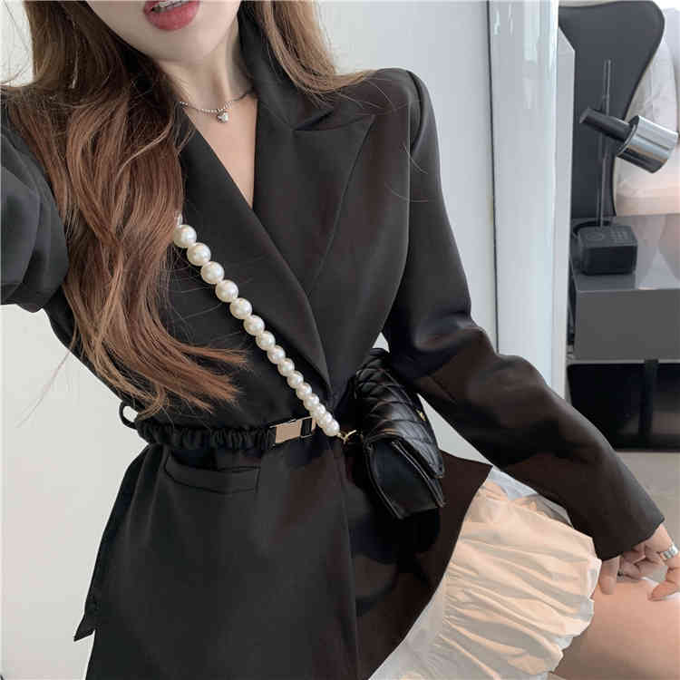 Elegant Women Spring Fashion Office OL Ladies Black Notched Blazers Coat With Belt + White Mini Skirts Suit 210519