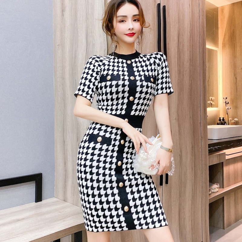 Women Summer Dress Vintage O-Neck Short Sleeve Houndstooth Knitted Bodycon Single-breasted Pencil 210519