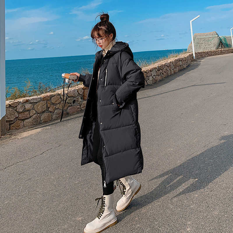 Korean casual mid-length down padded jacket women's long section over the knee loose and thick fashion bread 211013