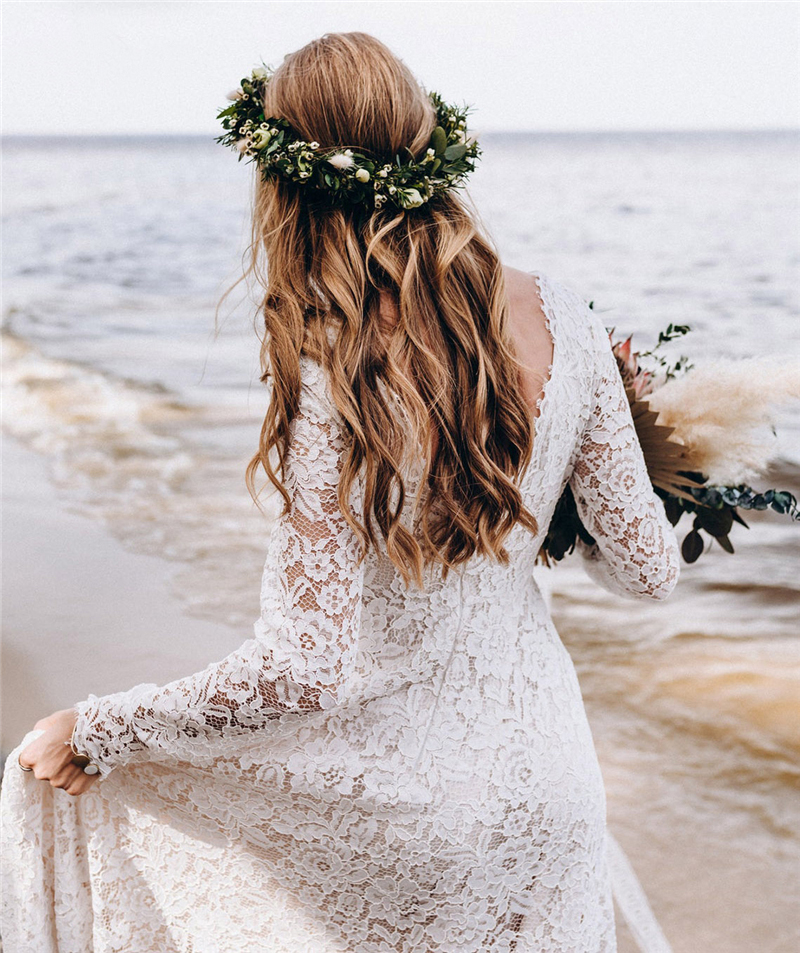 Boho Lace Wedding Dresses For Women Bride 2021 Long Sleeve Backless A-Line Bohemian Bridal Gowns Marriage Dress Vestido De Noiva 0431