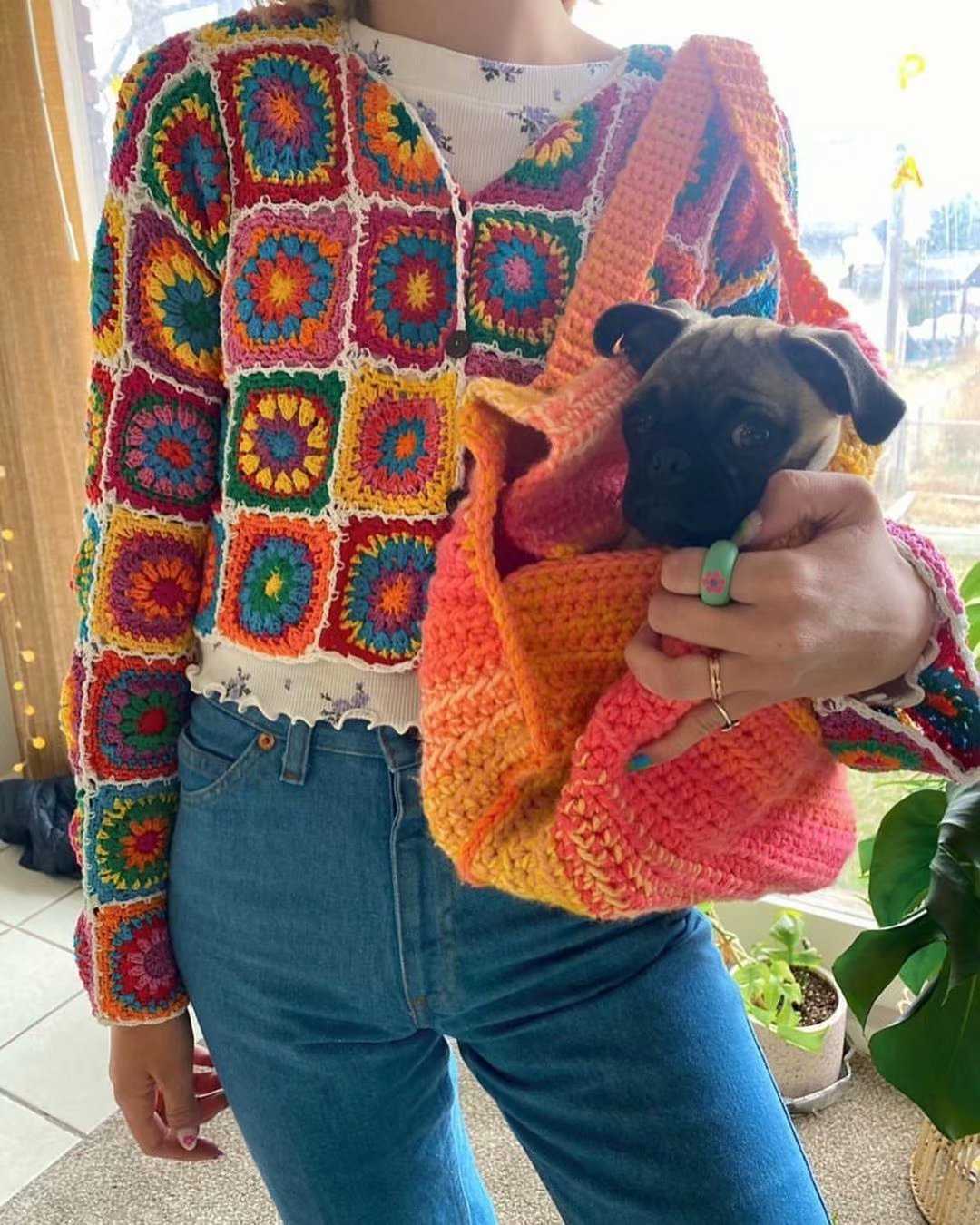 BOHO Colored Plaid Flower Hand Crochet Cardigan Vintage Woman V neck Long sleeve Center Buttons Sweater Knitwear Jumper 211014