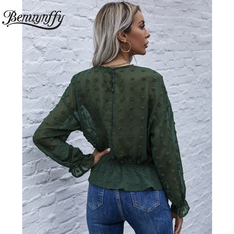 O-Neck Swiss Dot Flounce Sleeve Ruffle Hem Blouse Women Spring Long Fashion See Through Ladies Sheer Top 210510