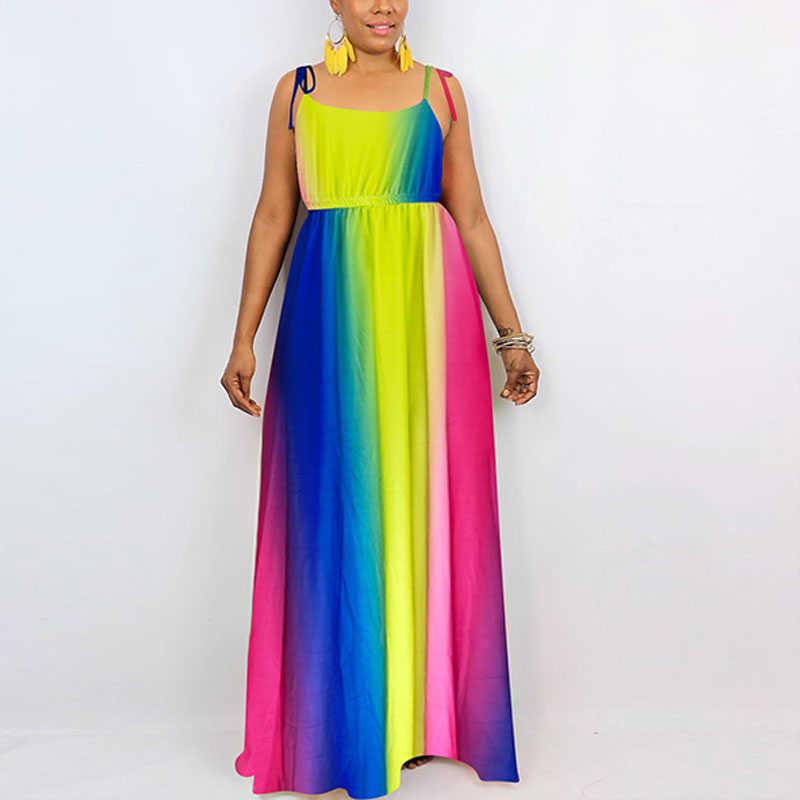 Spaghetti Strap Colorful Printed Casual Maxi Dress 210702