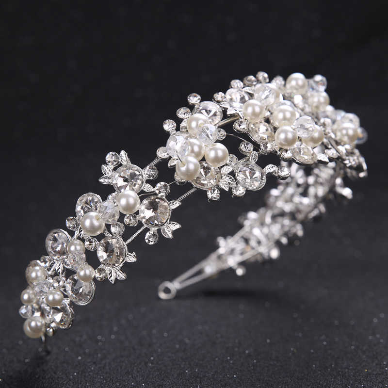 Crystal Pearl Flower Bride Headbands Women Silver Color Princess Wedding Hair Jewelry Tiara bands Accessories Crown 210707