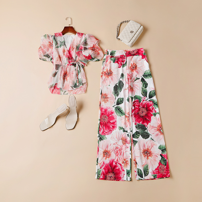 Women's Two Piece Pants Sets Turn Down Collar Short Sleeves Ruffles Blouse Tops with Floral Long Pant Fashion Runway Twinsets