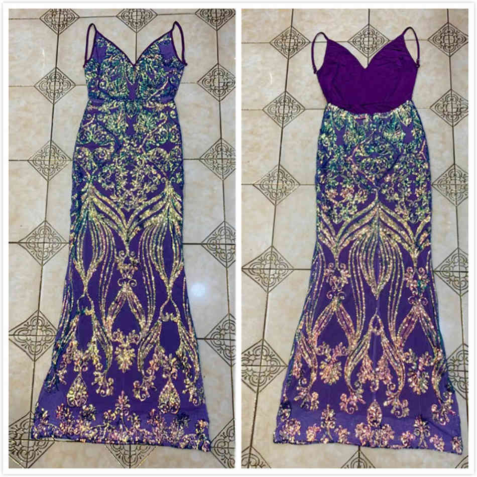 Free Women Purple Runway Bodycon Long Dress Sexy Spaghetti Strap V-neck Sequin Club Evening Party 210524