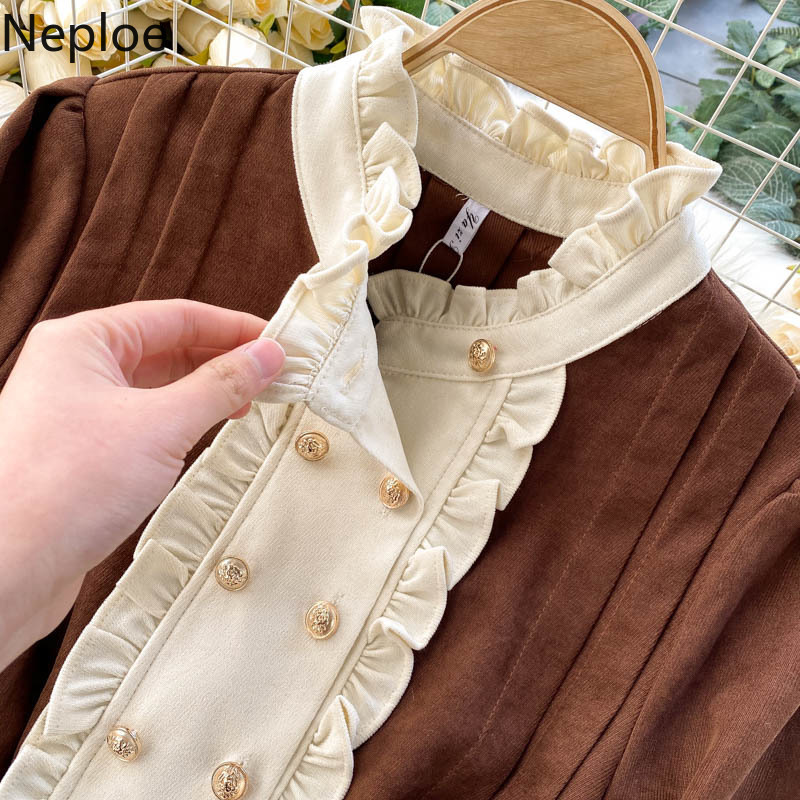 Neploe Vintage Woman Dress Chic Double-breasted Slim Mini Dresses Women Ruffles Flare Sleeve Lace Up Robe Vestidos 4G849 210422