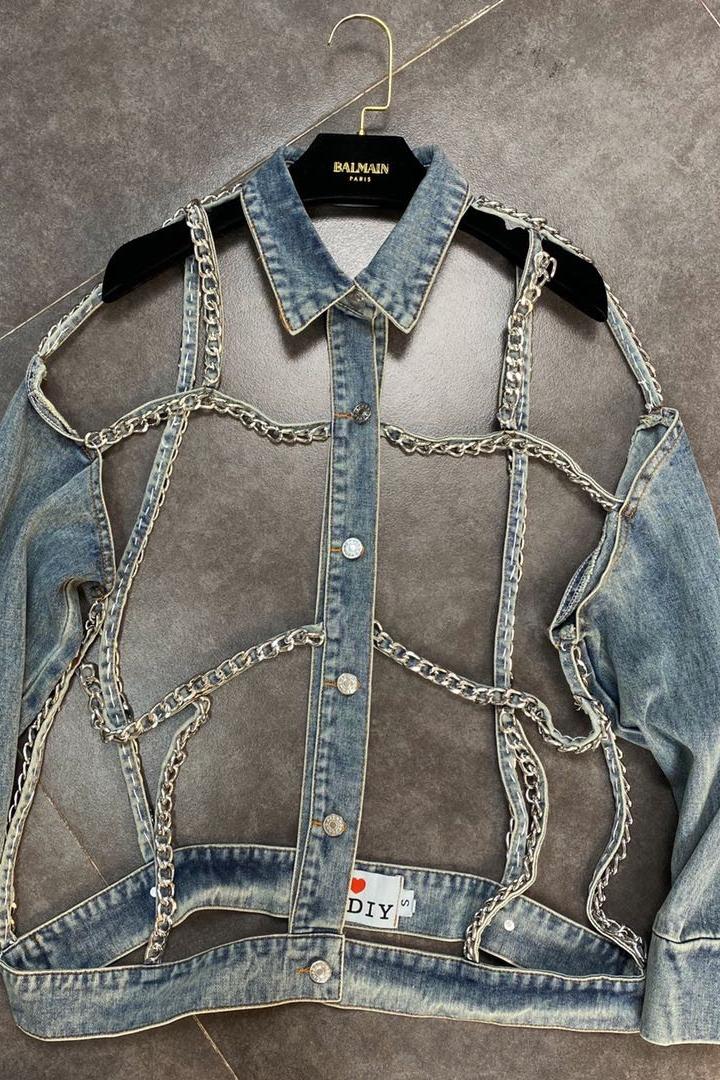 Women's Jackets FABPOP Long Sleeve Chain Hollow Out Turn Down Collar Light Blue Denim Jacket Women Coat Streetwear Gb447