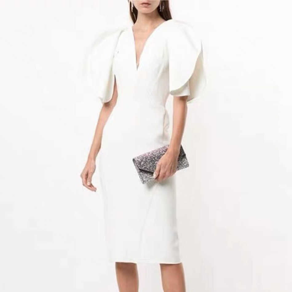 Arrival Women's White Short Butterfly Sleeve Bodysuit Dress Sexy V-neck Mid-length Celebrity Party 210527