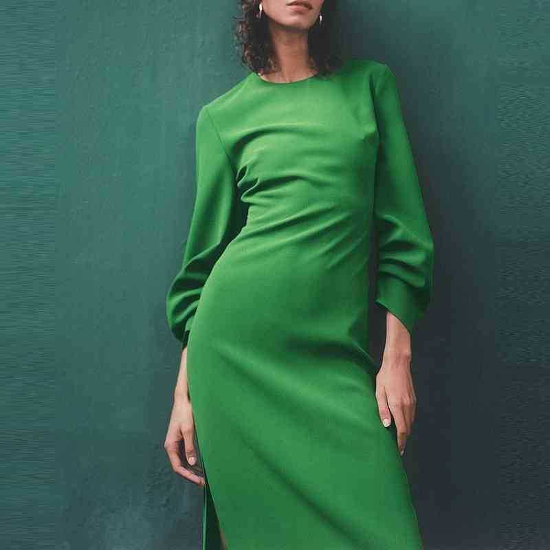Women Spring Pleated Sleeves Midi Dress Elegant Party For Lady Solid Color Slim Casual 210525, Green
Women Spring Pleated Sleeves Midi Dress Elegant Party For Lady Solid Color Slim Casual 210525, Green