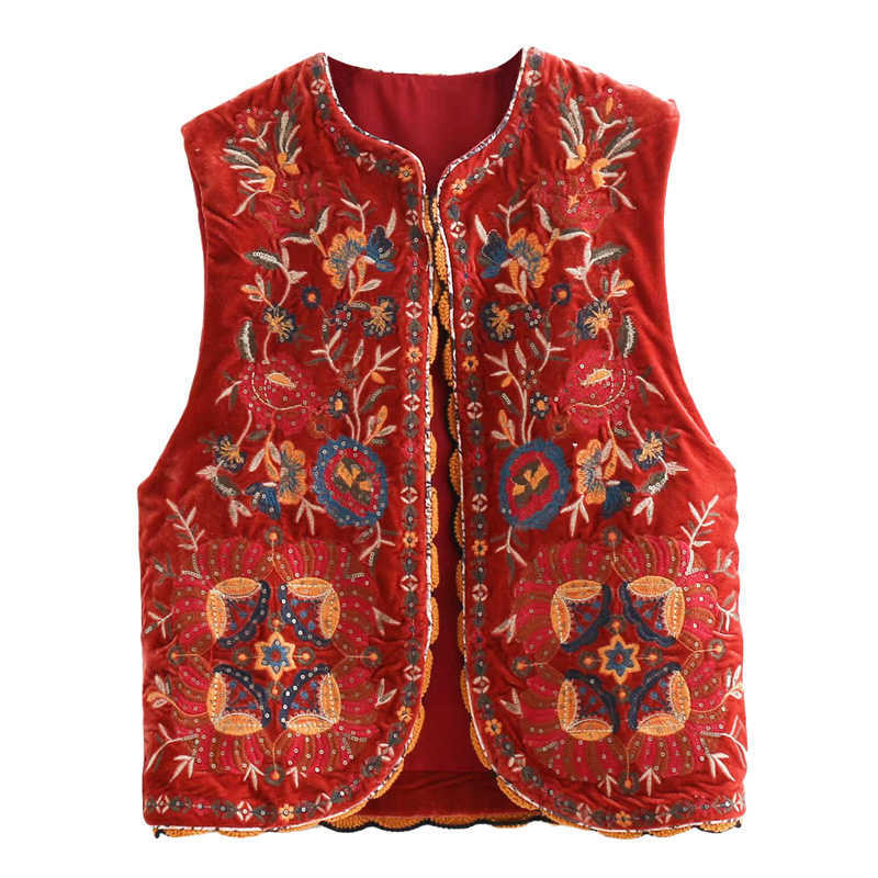 Vintage autumn Floral Embroidery Sequins Velvet women vest Fashion sleeveless cardigan Ladies Outerwear Casual Waistcoat 210819