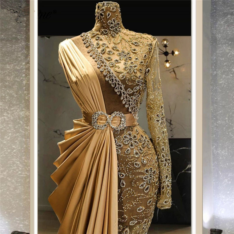 Dubai Crystals See Through Evening Dresses 2021 High Neck Long Sleeves Plus Size Formal Prom Party Gowns For Arabic Women 0218