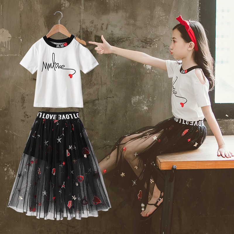 Cute Kids Girls Casual Short Sleeve Costume Set Summer Letter Print T-shirt+embroidery Mesh Skirts Suits 2Pcs Princess Dress X0902