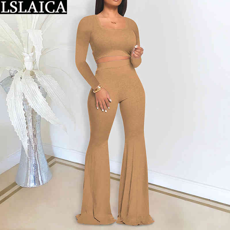 Outfits for Women Solid Exposed Navel Loungewear Slim Flared Pants Long Sleeve Arrival Casual O Neck Two Piece Set 210520