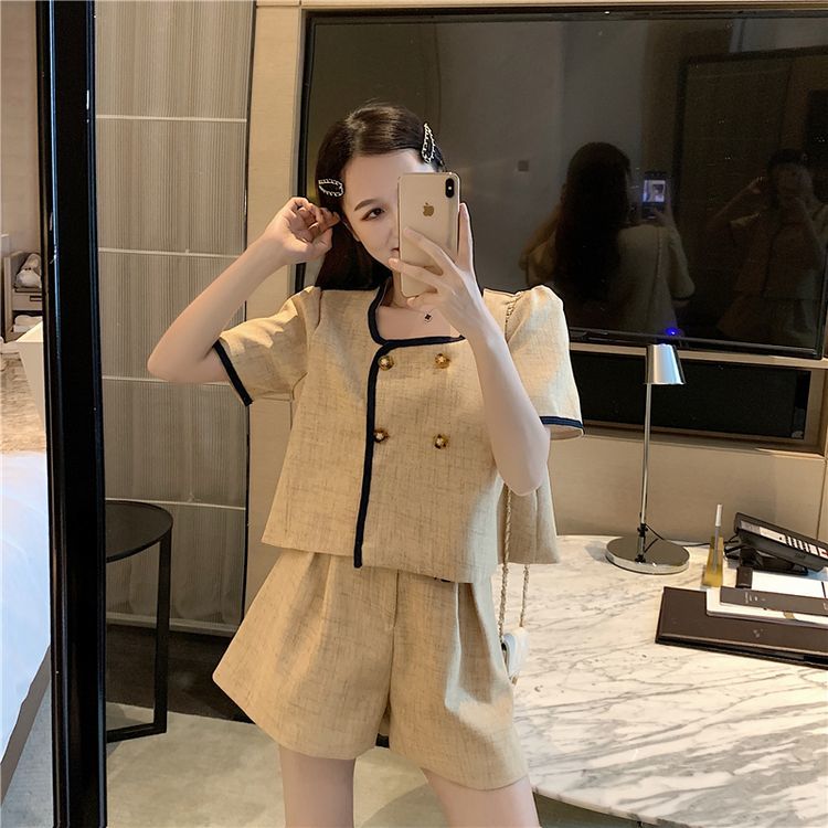 Summer Plus Size Office Lady Sets Square Neck Short Sleeve Jacket Double Breasted Wide Leg Shorts Casual Vintage Matching 210429