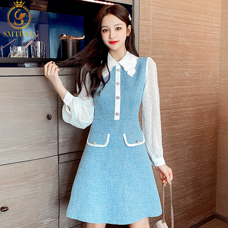 Autumn And Winter Patchwork Tweed Dress Women Long Sleeve Vintage Runway Korean Elegant Office Vestido Da Festa 210520