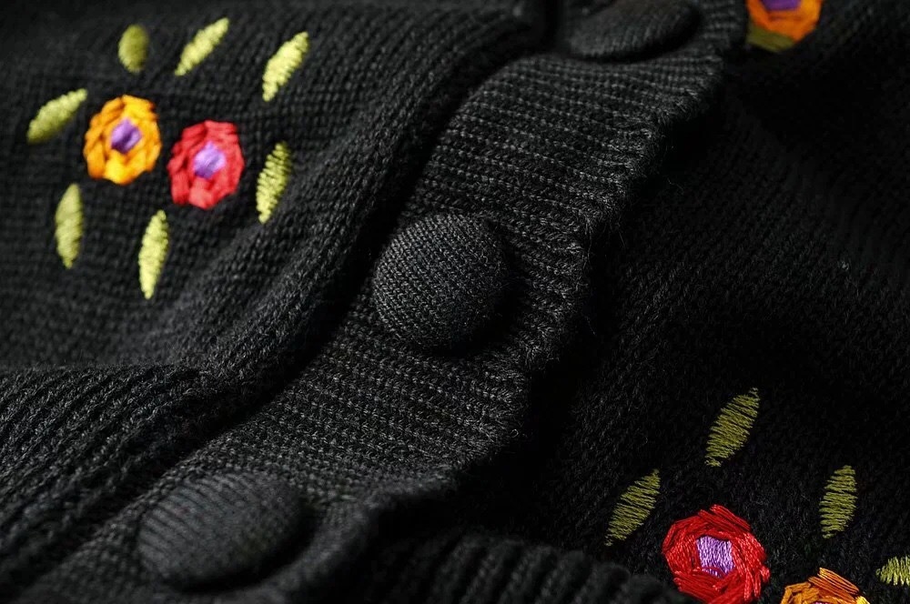 Retro Flower Embroidery Knitted Cardigan Vintage Wood ears Cropped Sweater Punk pull Korea Clothes Women Knit kardigan 210429