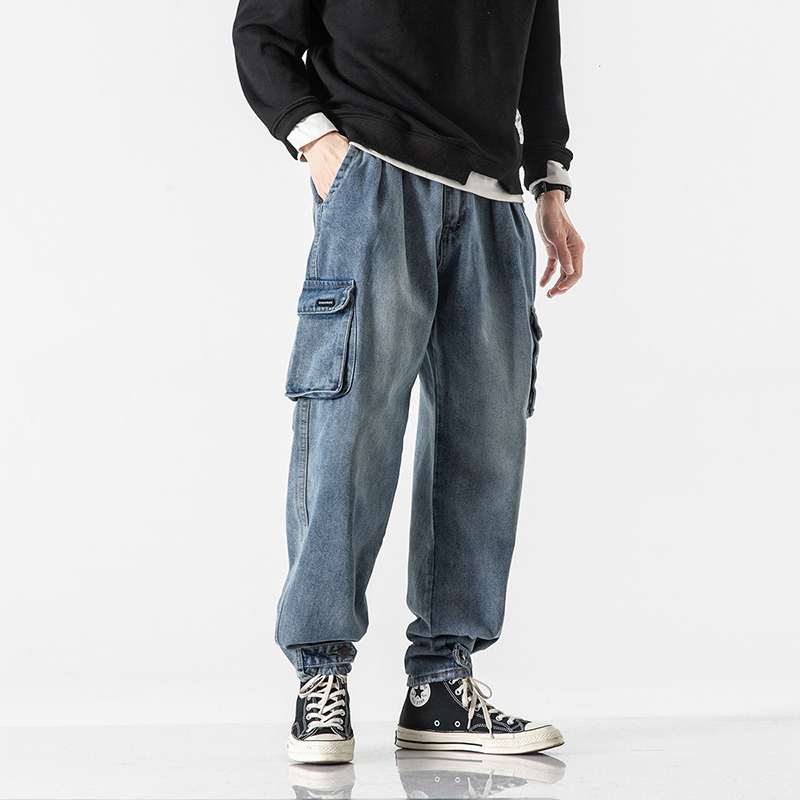 IEFB Spring Workwear Denim Trousers For Men Double Pocket Turnup Pants Causal Loose Jeans Streetwear 9Y6070 210524