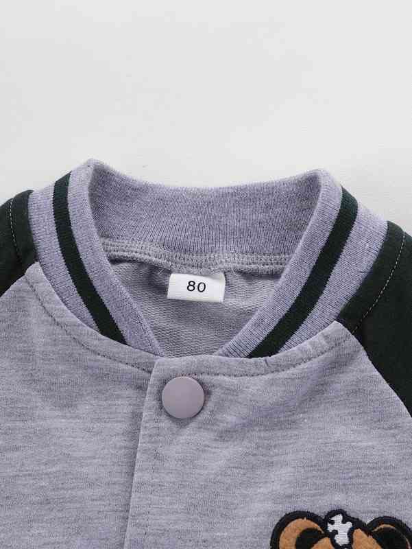 Baby Bear & Letter Embroidery Raglan Sleeve Dual Pocket Bomber Jacket SHE