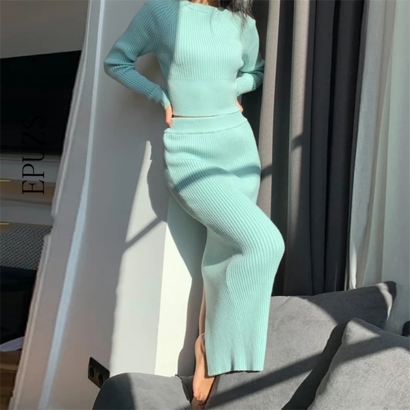 EPUZS Knitted Sweater and Skirt Two Piece Set Women Autumn Slim Fit Crop Tops Skirts 2 Sets s Outfits 210521