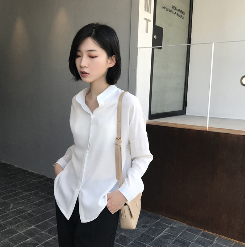 Arrival Spring Women Long Sleeve OL White Shirts Stand Collar Loose Casual silkiness Blouse Female Blusas Top quality S420 210512