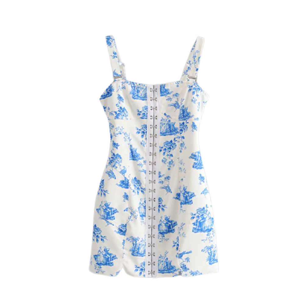 Vintage Chic Blue and White Porcelain Print Hook Button Dress Sexy Elegant Ladies Square Collar Sling Mini Dresses 210520 
Vintage Chic Blue and White Porcelain Print Hook Button Dress Sexy Elegant Ladies Square Collar Sling Mini Dresses 210520