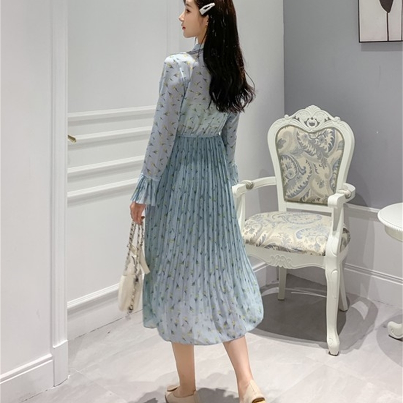 Spring Chiffon Dress Female Sweet Bow Tie Flare-sleeved Printing Fashion High Waist Casual Pleated Dresses Robe 210519