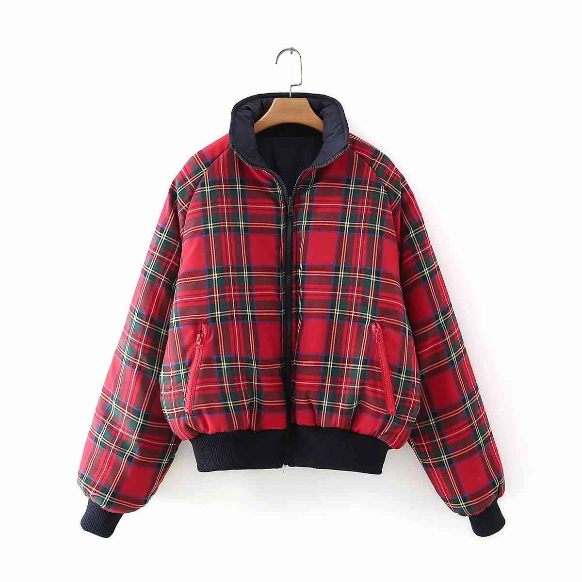 oversize Winter plaid parkas fashion reversible baseball bomber jacket long sleeve stand collar ladies Thick Down 210521