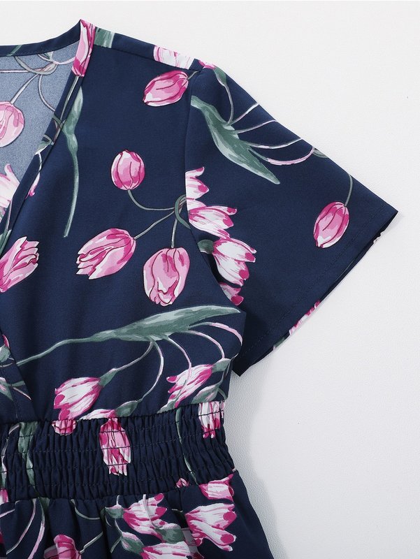 Girls Floral Print Shirred Waist Flared Dress SHE