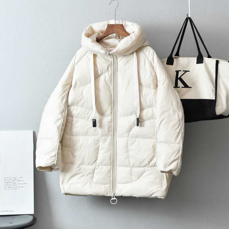 Medium Long Winter Jacket Women Letter Embroidery White Duck Down Hooded Coats Warm Thicken Parka 211013