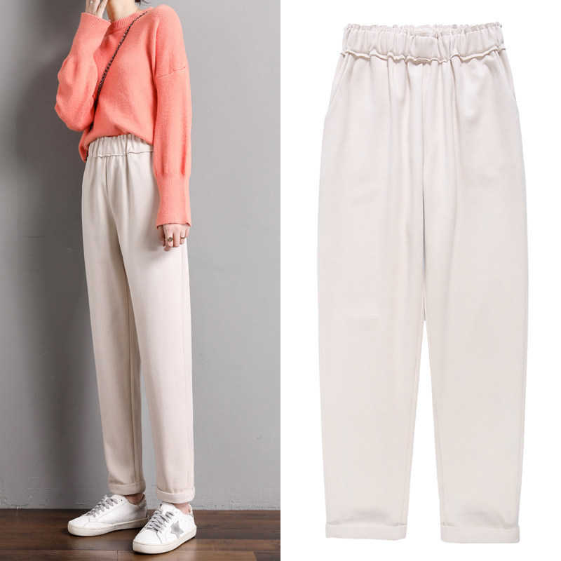 Women Woolen Pants Autumn Winter Casual Solid Elastic Waist Harem pants full length Trousers S-XXL 211006