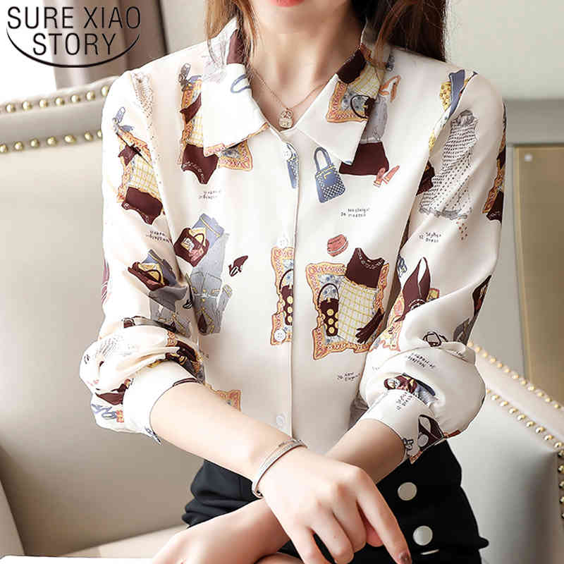 Korean Styele Women Blouses and Tops Blusas Mujer Chiffon Blouse Print Button Long Sleeve Shirts for 7129 50 210506