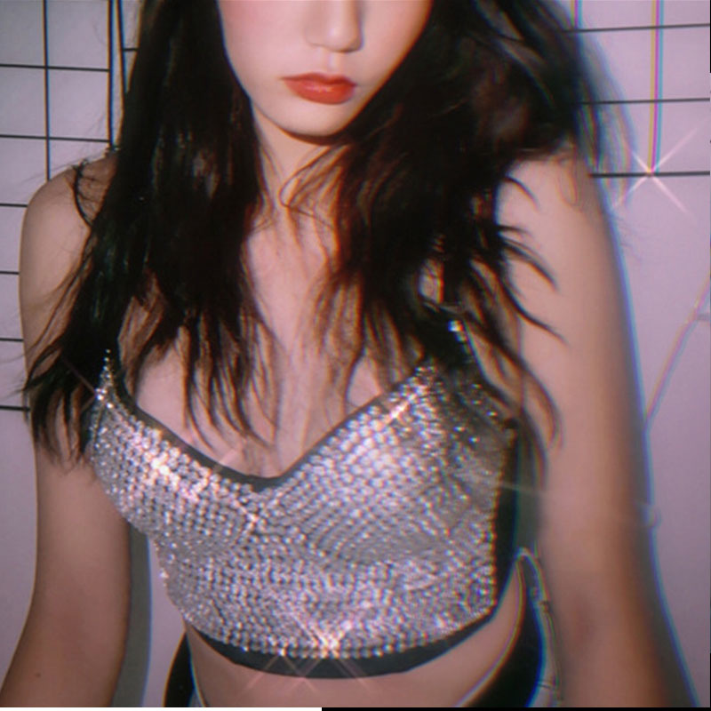 Sexy Rhinestone Crop Top Rave Festival Glitter Bustier Silver Tank Party Night Club Handmade Vest Diamond Bra 210421