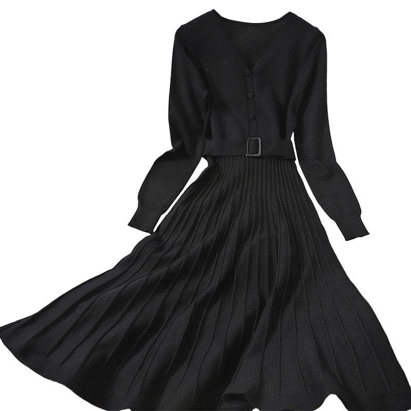 Autumn Winter Vintage Solid Single Breasted V Neck Dress A Line Full Button High Waist Mid-Calf Women Dress 210521