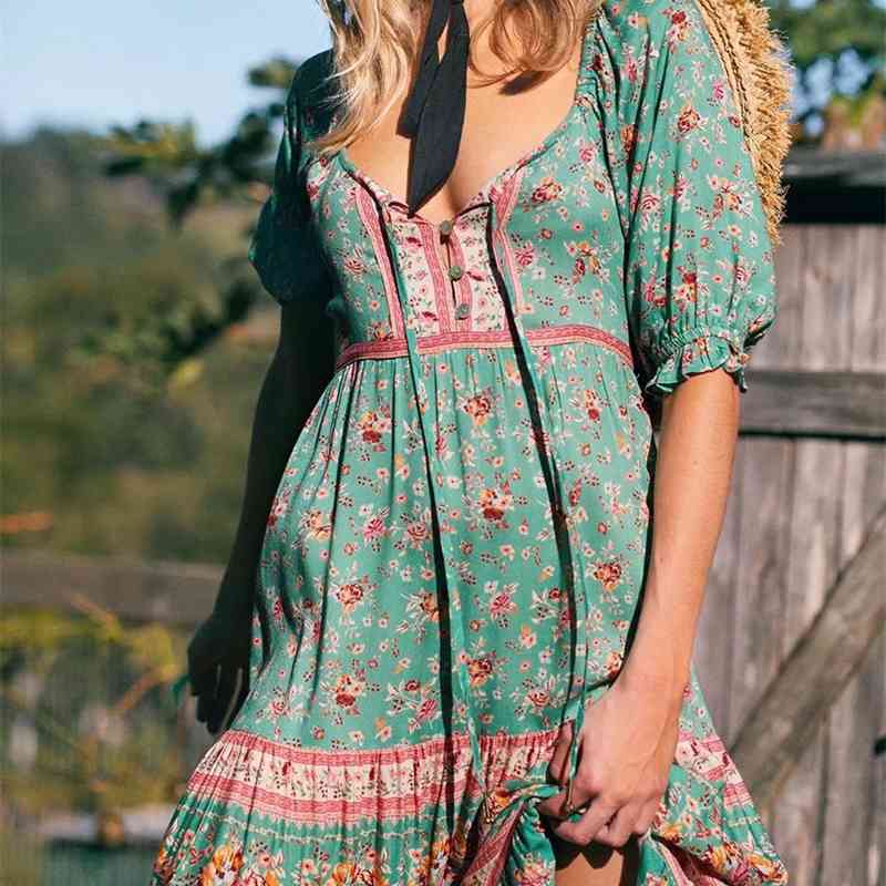 Bohemia Bandage Adjust Collar Floral print Dress BOHO Holiday Woman Tie Bow Sashes Short Sleeve Lantern Long Dresses 210429