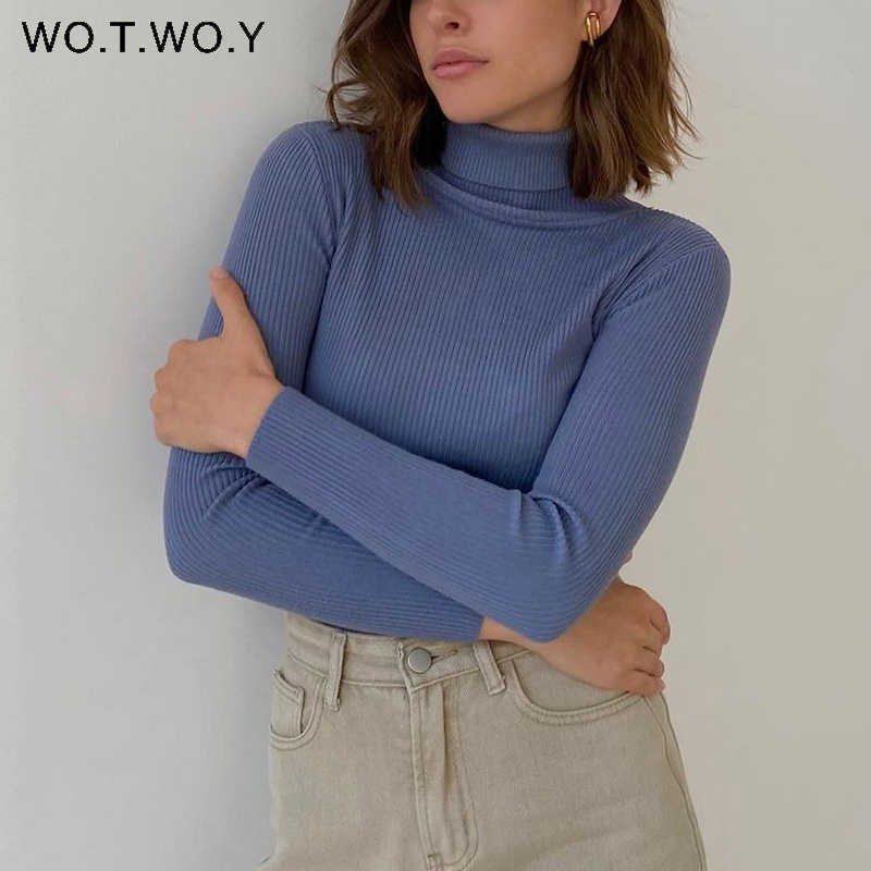 WOTWOY Ribbed Knitted Turtleneck Sweater Women Autumn Winter Slim Fit Basic Pullover Female Long Sleeve Black White Jumper 210918
