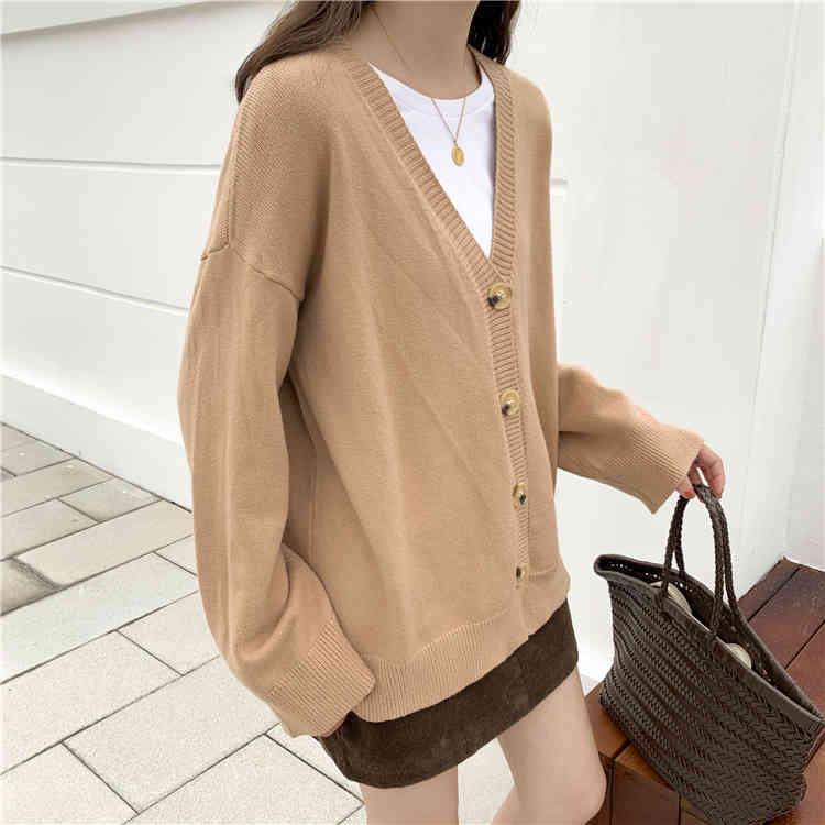 V-neck Single-breasted Women Cardigan Tops Spring Autumn Full Sleeve Solid Loose Fashion Korean Female Sweater Jumpers Femme 210514