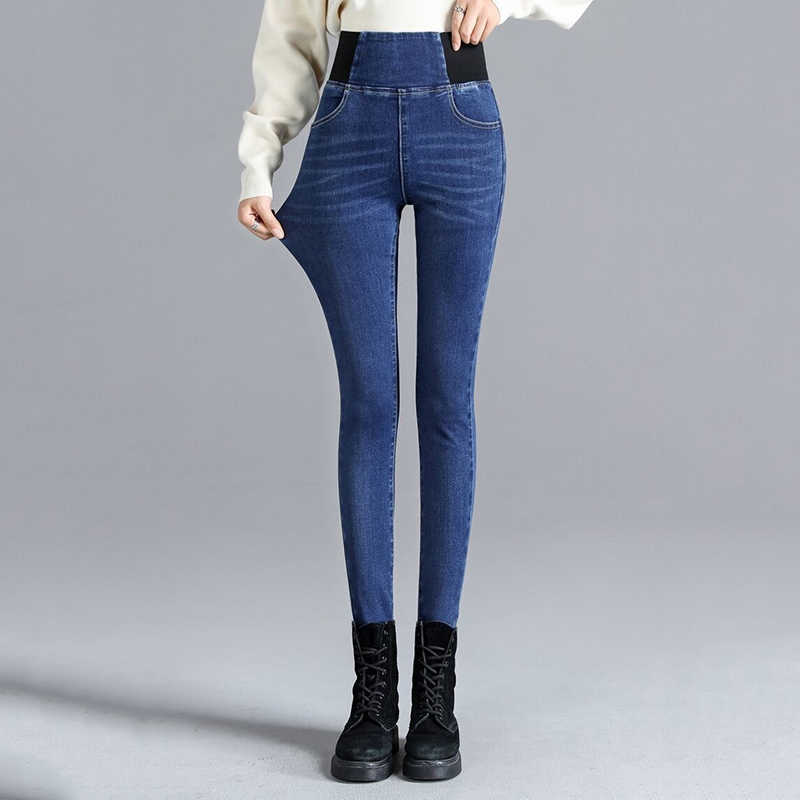 Vintage High waist skinny denim pencil pants Women's large size casual Stretch jeans female Elastic wais street wear trousers 210922