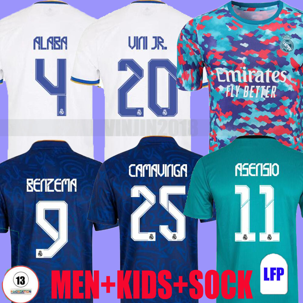REAL MADRID jerseys 21 22 soccer football shirtS ALABA HAZARD BENZEMA Camavinga MODRIC ASENSIO VINI JR Casemiro bale camiseta men kids 2021 2022 fans player version, Third kids