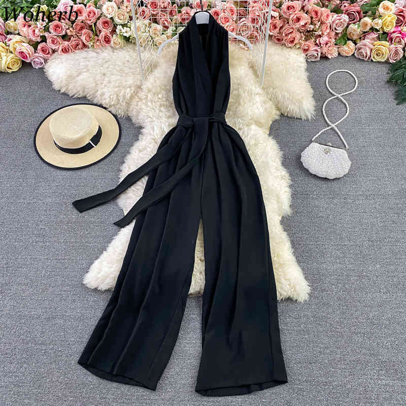 Elegant Jumpsuit Women OL Temperament Rompers Summer Halter V-neck Lace Up Bodysuit Slim Wide Leg Pants Playsuit 210519